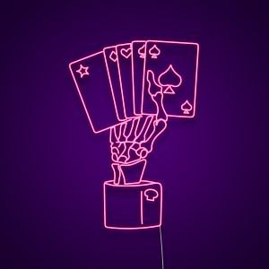 Skeleton Hand Holding Cards Neon Sign