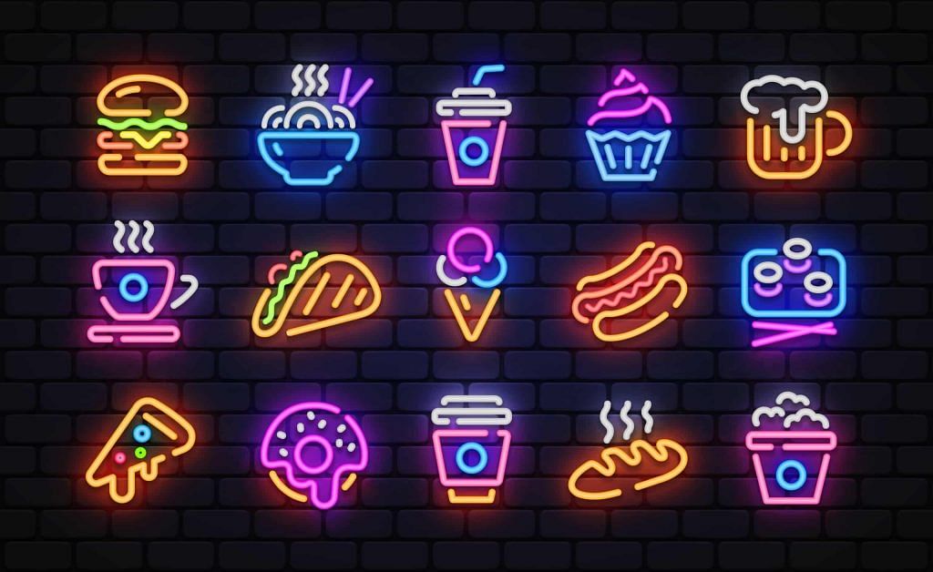 Different food neon business signs.